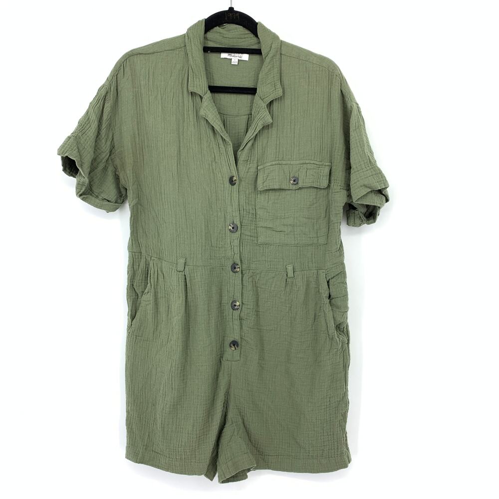 Madewell Cotton Gauze Romper Womens Size Small Green Button Front *NO BELT